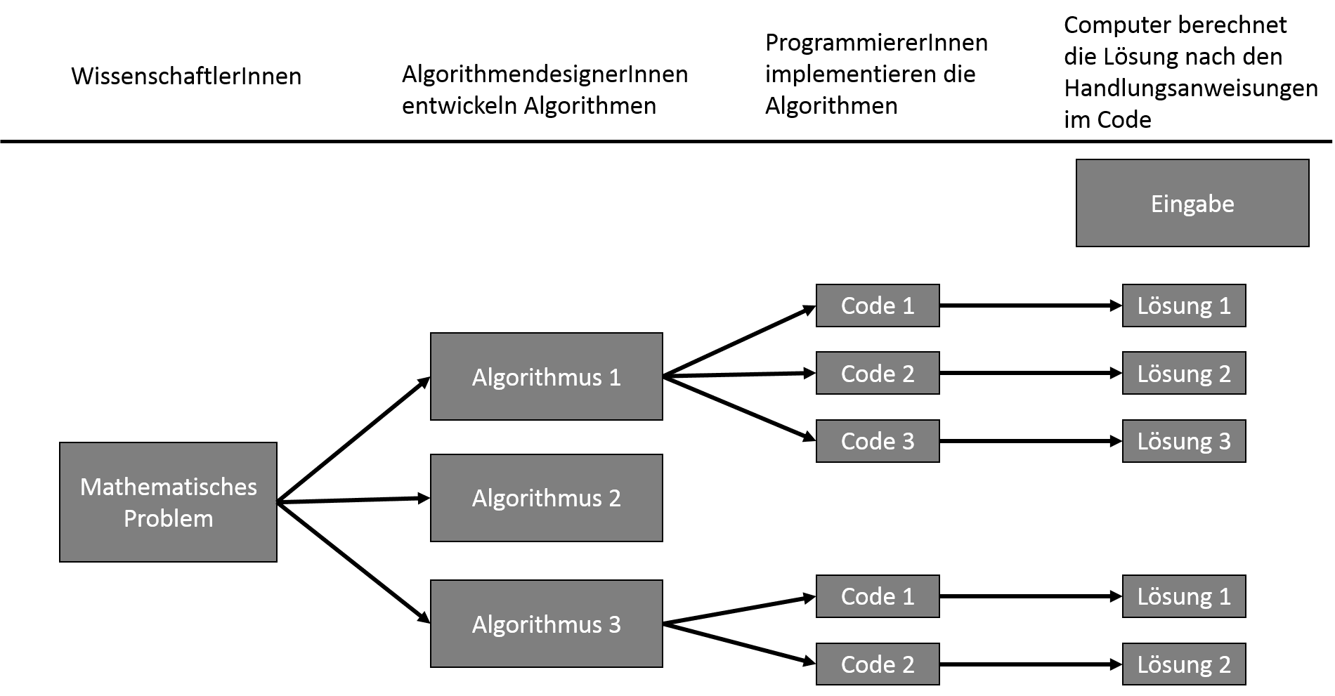 Abbildung 1: Verantwortlichkeiten von der Definition eines mathematischen Problems über den Entwurf von Algorithmen, die es lösen, über die Implementierung dieser Algorithmen bis zur Berechnung von Lösungen für spezifische Eingaben. 