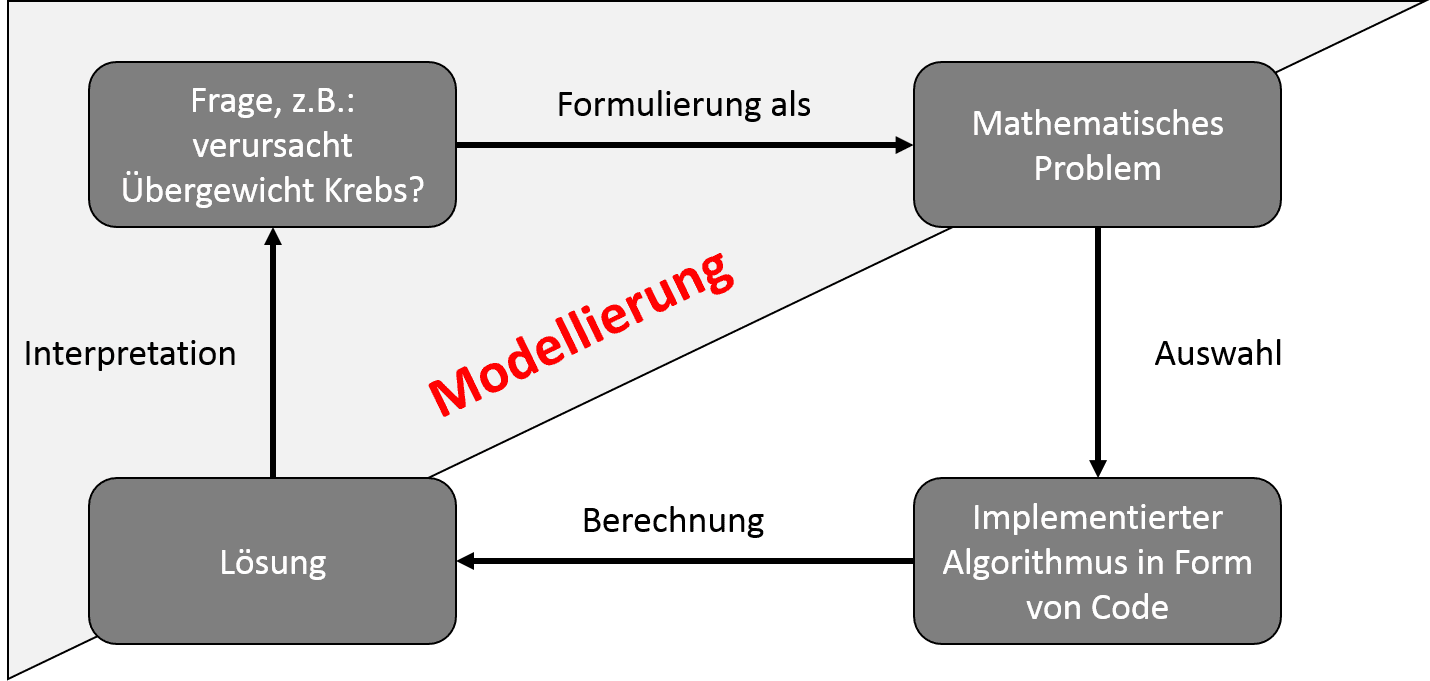 Abbildung 2: Fragen, die algorithmisch gelöst werden sollen, müssen zuerst als mathematisches Problem formuliert werden. Dann wird eine Implementierung des Algorithmus gewählt, die Lösung bezüglich spezifischer Eingaben berechnet und diese Lösung dann in Hinsicht auf die grundlegende Frage interpretiert. 